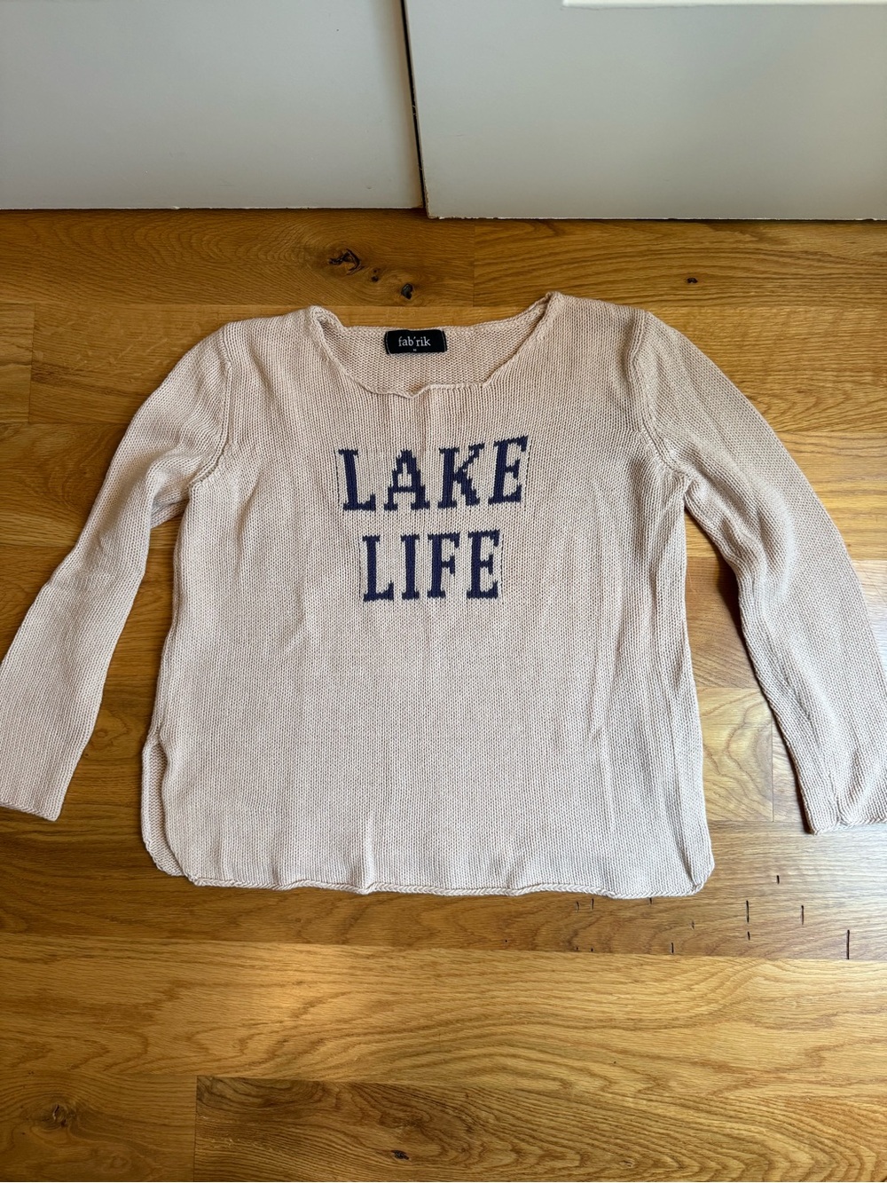 fab'rik Beige Knit Sweater with Navy Lettering